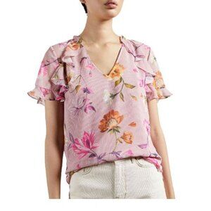 Ted Baker London Sheer Pink Short Sleeve Floral Ruffle Top Blouse Size 4